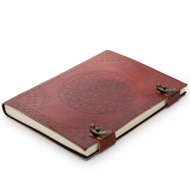 Starožitný ručně vázaný kožený zápisník s reliéfní ražbou prolínajících se kruhů